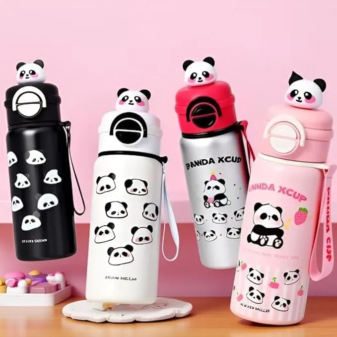 Panda Kids Water Bottle 600ml, Stainless Steel Leakproof Bottle with Straw & Flip Lid, Cute Cartoon School Water Bottle with Carry Strap